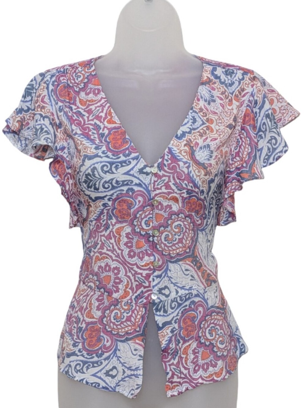 Nanette Lepore | Pink Blue Paisley | Button-Front V-Neck Blouse | Bohemian |
